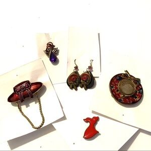 Red Hat Society Brooch Pins & Earrings Set of 5